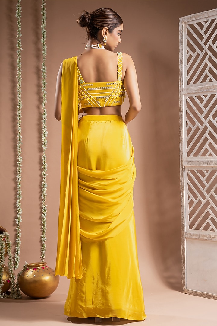 Canary Yellow Heavy Crepe Mirror Hand Work Pre-Stitched Wedding Saree Set by AHI CLOTHING at Pernia's Pop Up Shop