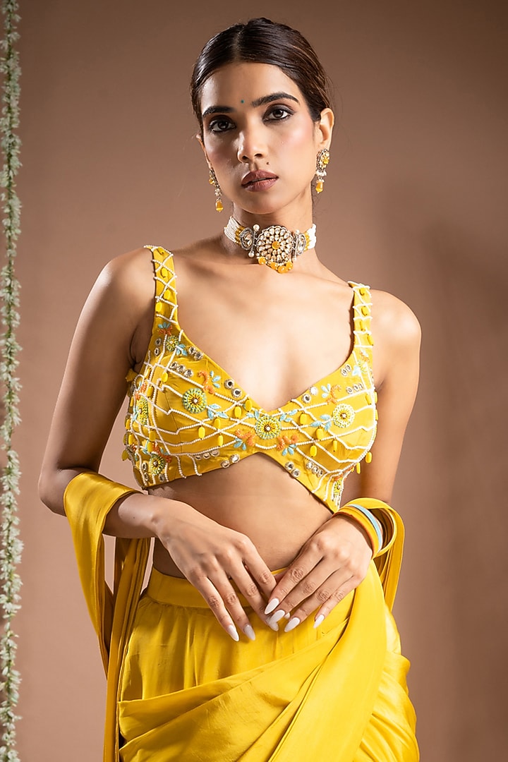 Canary Yellow Heavy Crepe Mirror Hand Work Pre-Stitched Wedding Saree Set by AHI CLOTHING at Pernia's Pop Up Shop