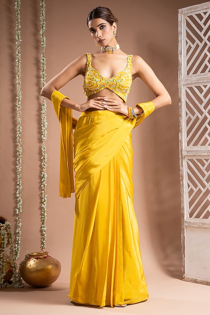 Canary Yellow Heavy Crepe Mirror Hand Work Pre-Stitched Wedding Saree Set by AHI CLOTHING at Pernia's Pop Up Shop