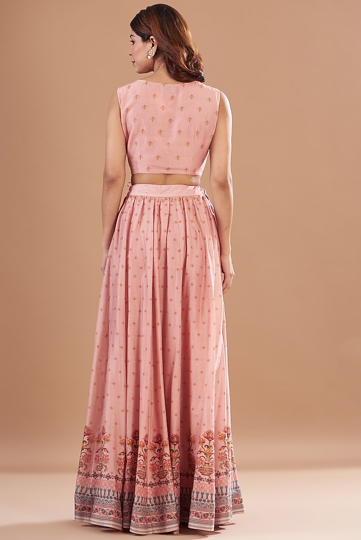 Peach Chanderi Printed Lehenga Set by Aharin India at Pernia's Pop Up Shop