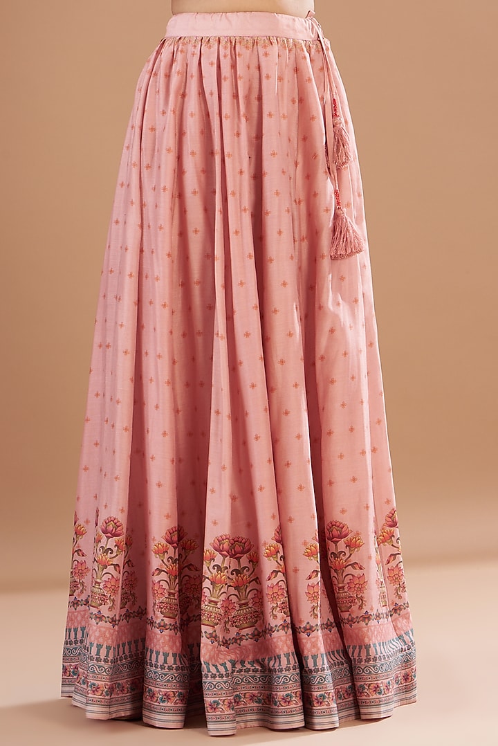 Peach Chanderi Printed Lehenga Set by Aharin India at Pernia's Pop Up Shop