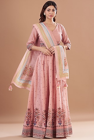 Peach Chanderi Printed Lehenga Set by Aharin India