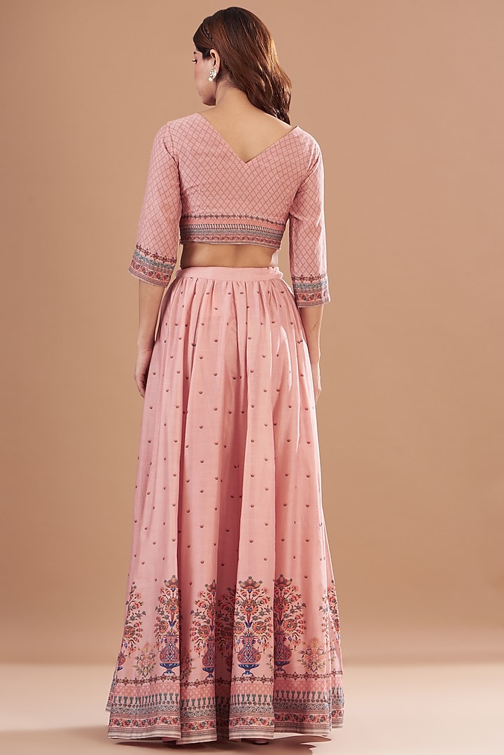 Peach Chanderi Printed Lehenga Set by Aharin India at Pernia's Pop Up Shop