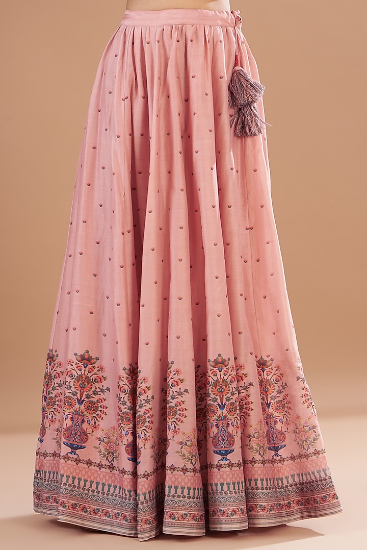 Peach Chanderi Printed Lehenga Set by Aharin India at Pernia's Pop Up Shop
