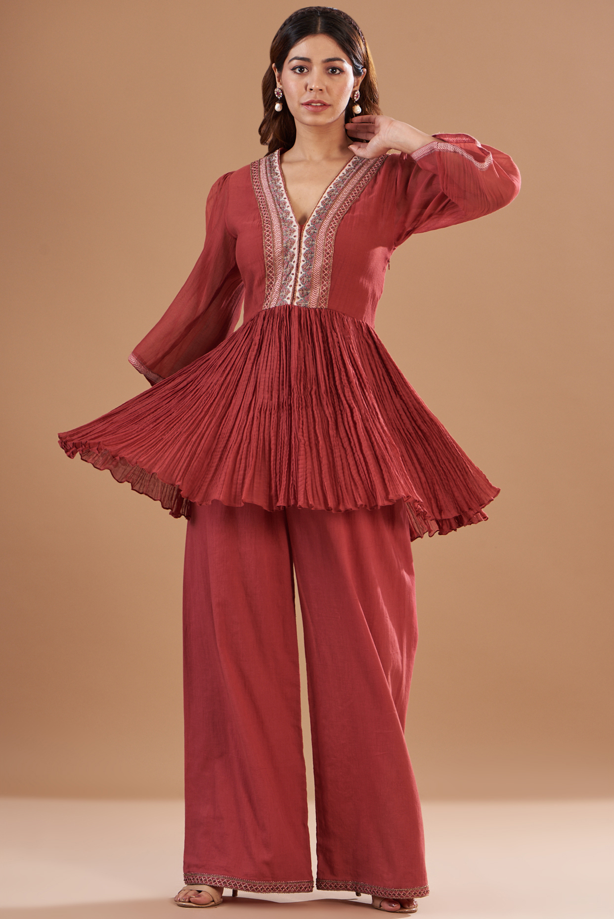 Red Chanderi Embroidered Tunic Set by Aharin India at Pernia's Pop Up Shop