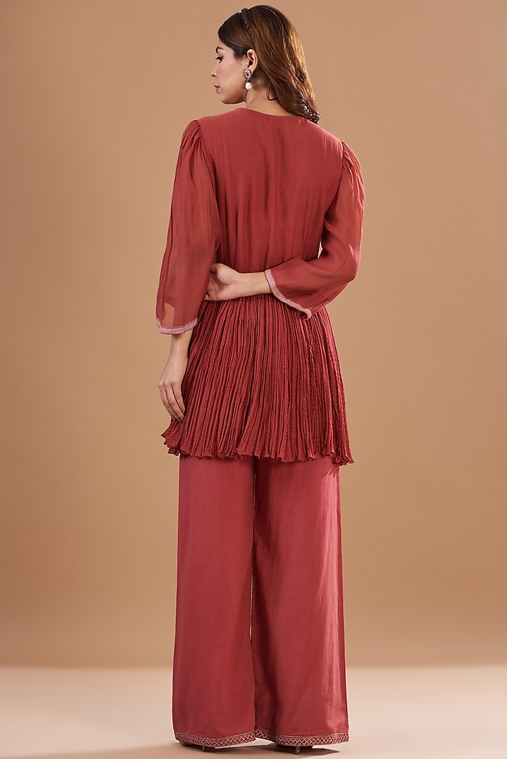 Red Chanderi Embroidered Tunic Set by Aharin India at Pernia's Pop Up Shop