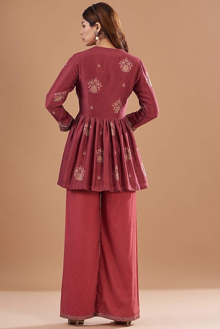 Red Chanderi Printed & Embroidered Tunic Set by Aharin India at Pernia's Pop Up Shop