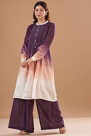 Multi-Colored Ombre Viscose Chanderi Embellished Kurta Set by Aharin India