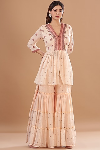 Beige Chanderi Printed Sharara Set by Aharin India
