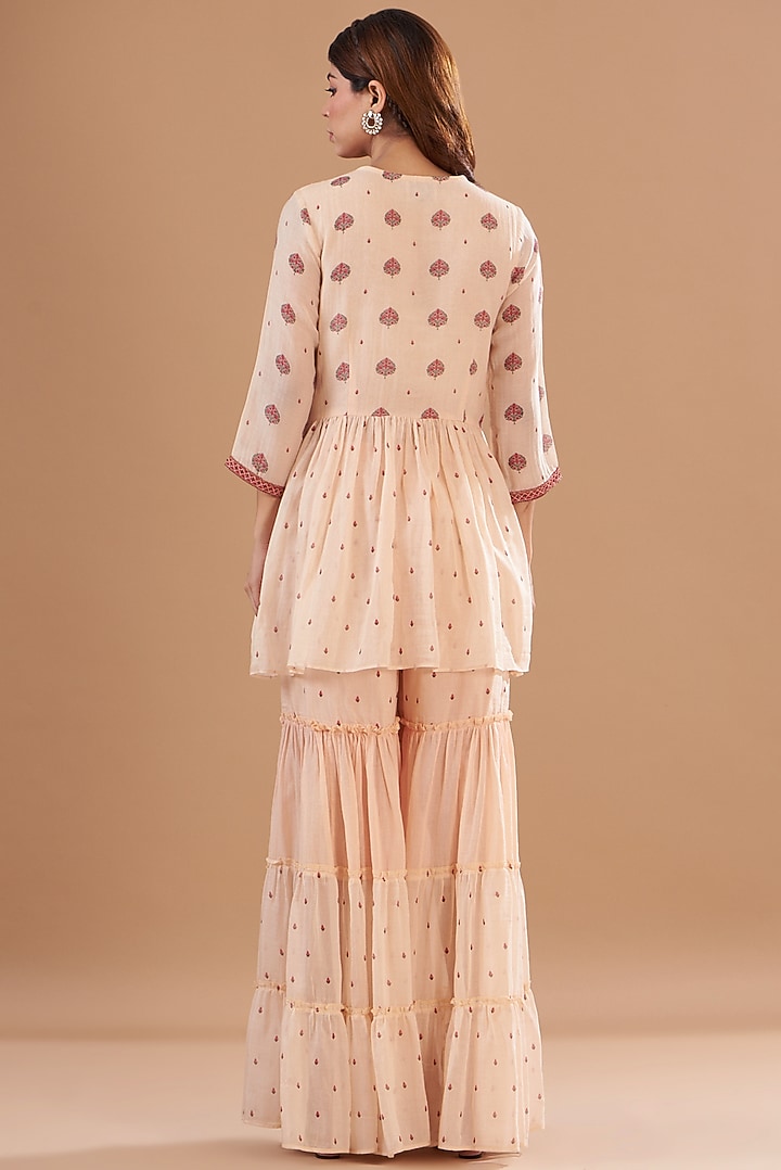 Beige Chanderi Printed Wedding Sharara Set by Aharin India at Pernia's Pop Up Shop