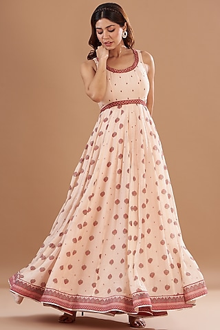 Beige Chanderi Printed & Embroidered Dress by Aharin India
