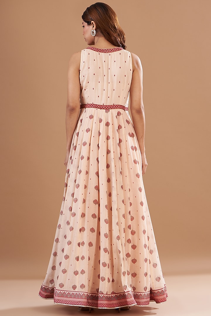 Beige Chanderi Printed & Embroidered Vacation Dress by Aharin India at Pernia's Pop Up Shop
