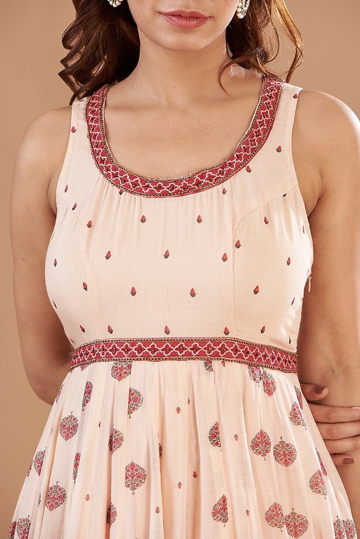 Beige Chanderi Printed & Embroidered Vacation Dress by Aharin India at Pernia's Pop Up Shop