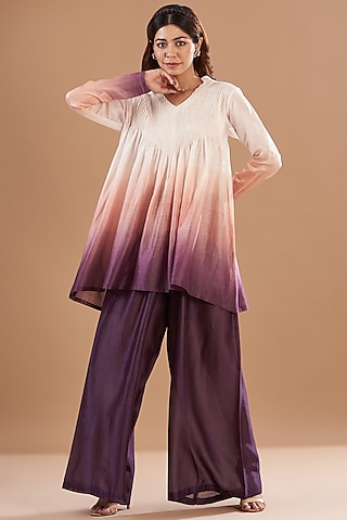Multi-Colored Chanderi Ombre Kurta Set by Aharin India