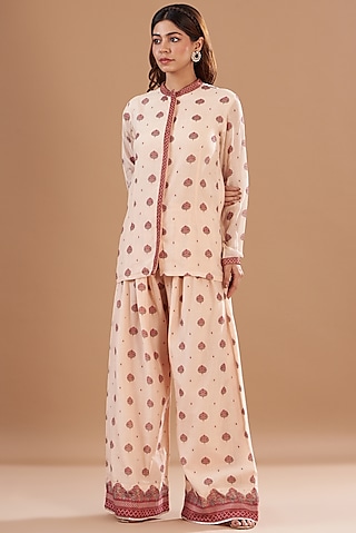 Beige Chanderi Printed Co-Ord Set by Aharin India