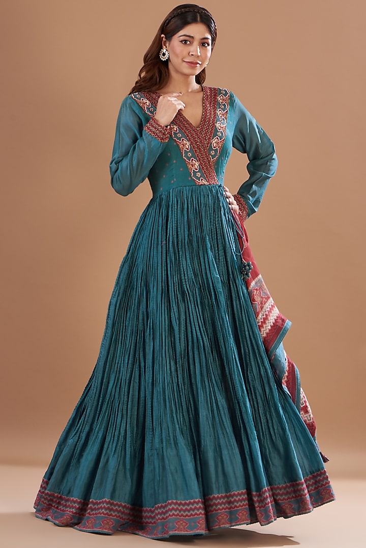 Blue Viscose Chanderi Embroidered & Printed Tunic Set by Aharin India at Pernia's Pop Up Shop