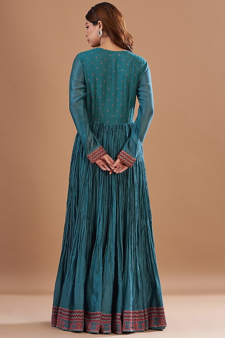 Blue Viscose Chanderi Embroidered & Printed Tunic Set by Aharin India at Pernia's Pop Up Shop