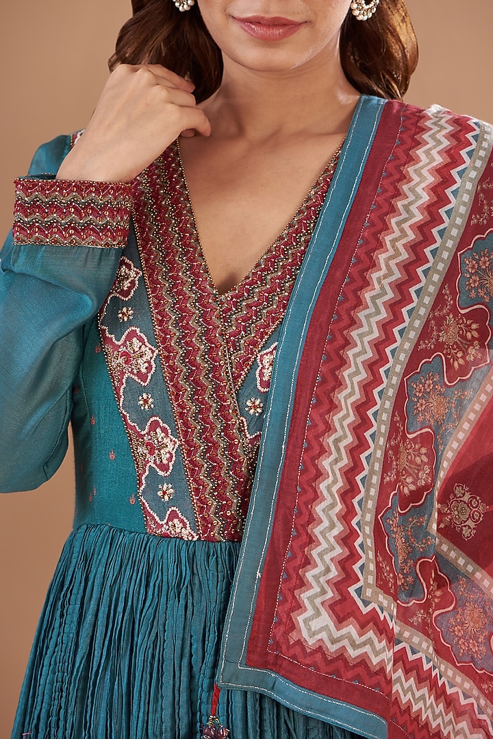Blue Viscose Chanderi Embroidered & Printed Tunic Set by Aharin India at Pernia's Pop Up Shop