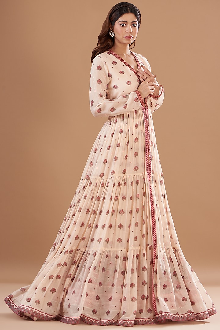 Beige Chanderi Embroidered & Printed Dress by Aharin India