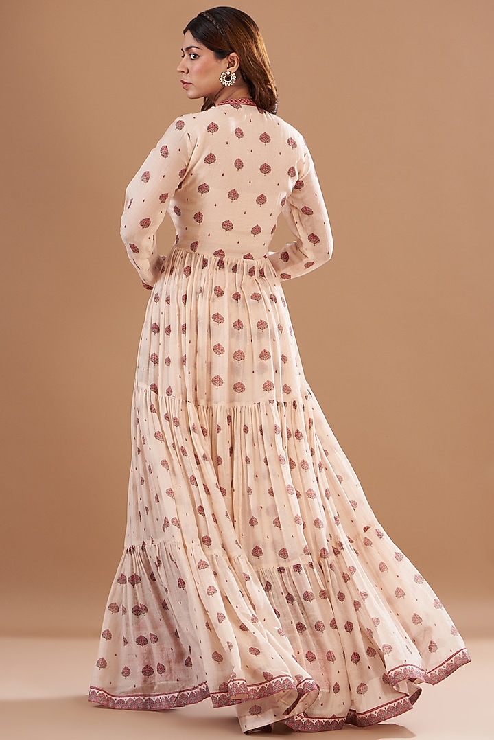 Beige Chanderi Embroidered & Printed Cocktail Dress by Aharin India at Pernia's Pop Up Shop
