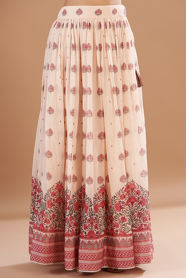 Beige Chanderi Embroidered & Printed Cocktail Dress by Aharin India at Pernia's Pop Up Shop