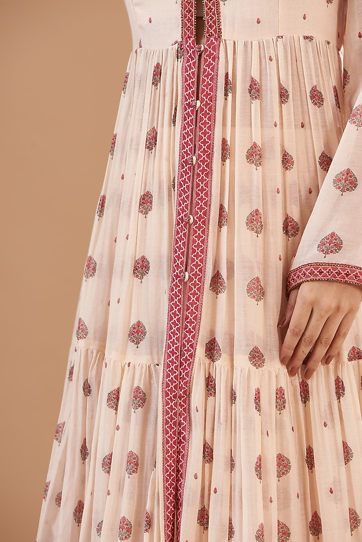 Beige Chanderi Embroidered & Printed Cocktail Dress by Aharin India at Pernia's Pop Up Shop