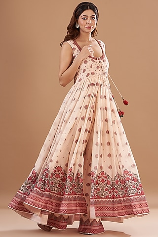 Beige Chanderi Printed Tunic Set by Aharin India