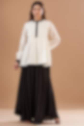 White Cotton Satin Skirt Set by Aharin India