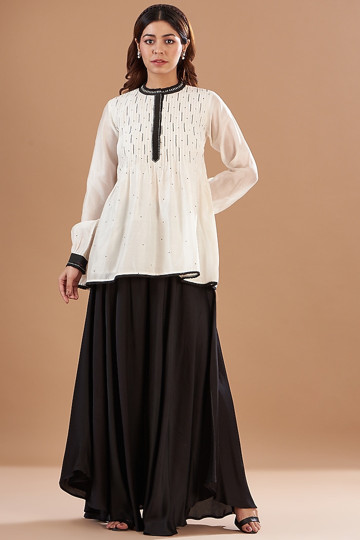 White Cotton Satin Skirt Set by Aharin India