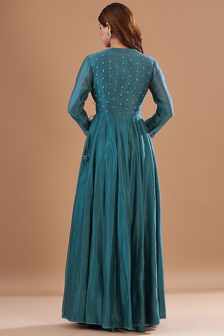 Blue Viscose Chanderi Hand Embroidered Wedding Anarkali Set by Aharin India at Pernia's Pop Up Shop