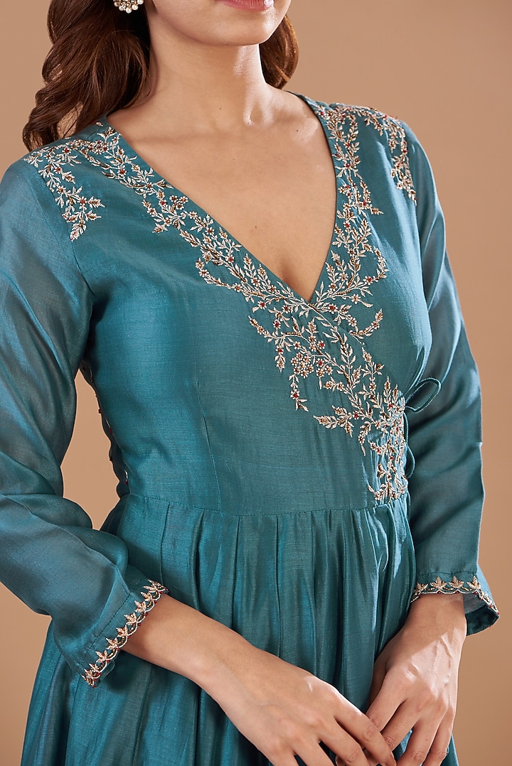 Blue Viscose Chanderi Hand Embroidered Wedding Anarkali Set by Aharin India at Pernia's Pop Up Shop