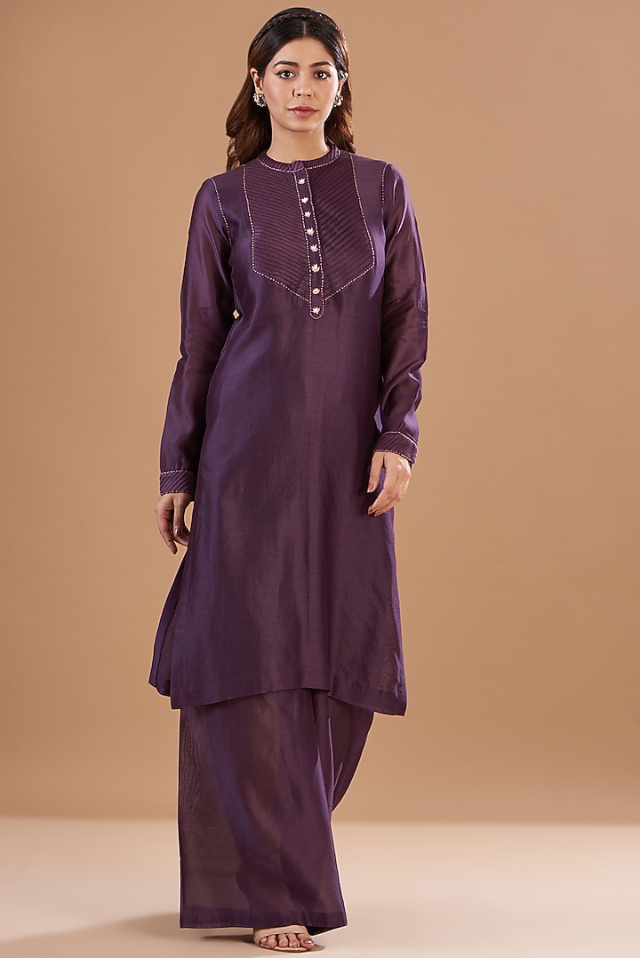 Purple Viscose Chanderi Embroidered Kurta Set by Aharin India at Pernia's Pop Up Shop