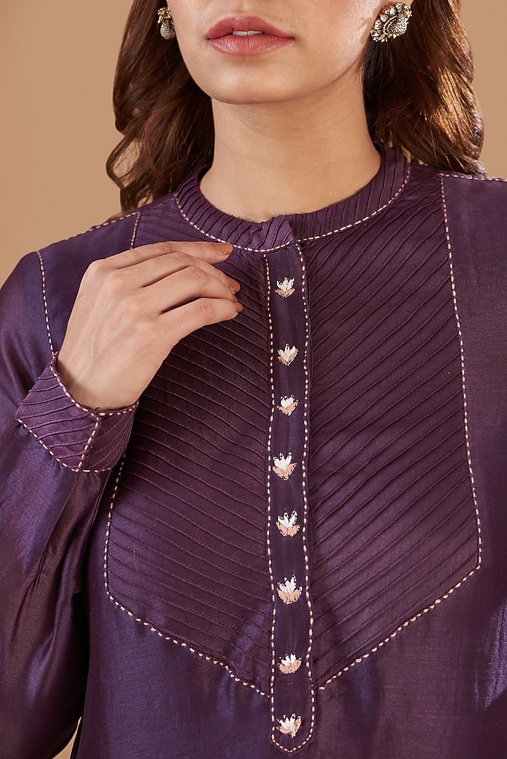 Purple Viscose Chanderi Embroidered Kurta Set by Aharin India at Pernia's Pop Up Shop