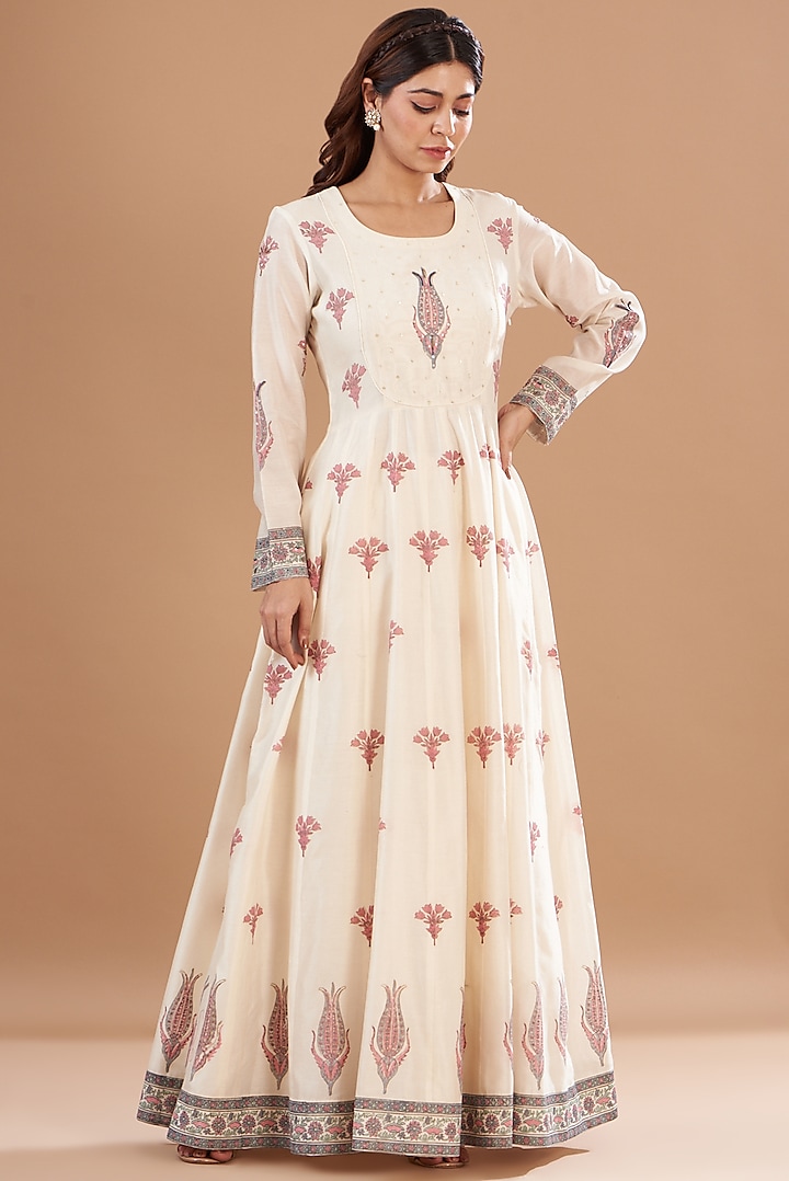 Ivory Viscose Chanderi Embroidered & Printed Tunic Set by Aharin India
