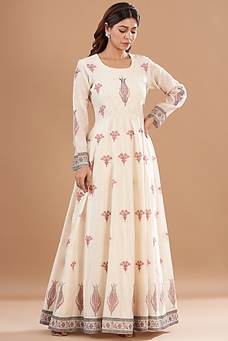 Ivory Viscose Chanderi Embroidered & Printed Tunic Set by Aharin India