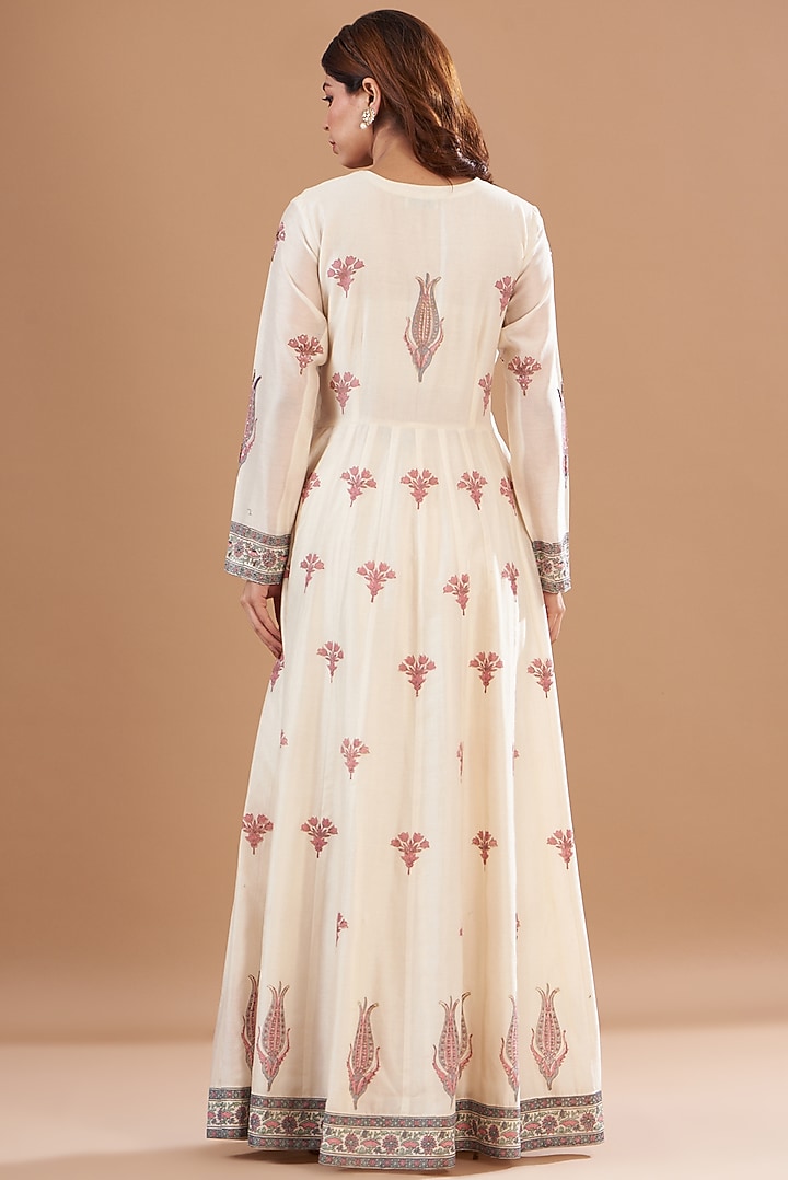 Ivory Viscose Chanderi Embroidered & Printed Tunic Set by Aharin India at Pernia's Pop Up Shop