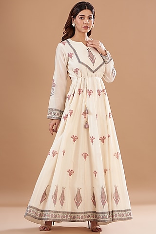 Ivory Viscose Chanderi Embroidered & Printed Kurta by Aharin India