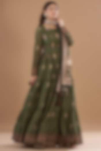 Green Viscose Chanderi Embroidered & Printed Anarkali Set by Aharin India