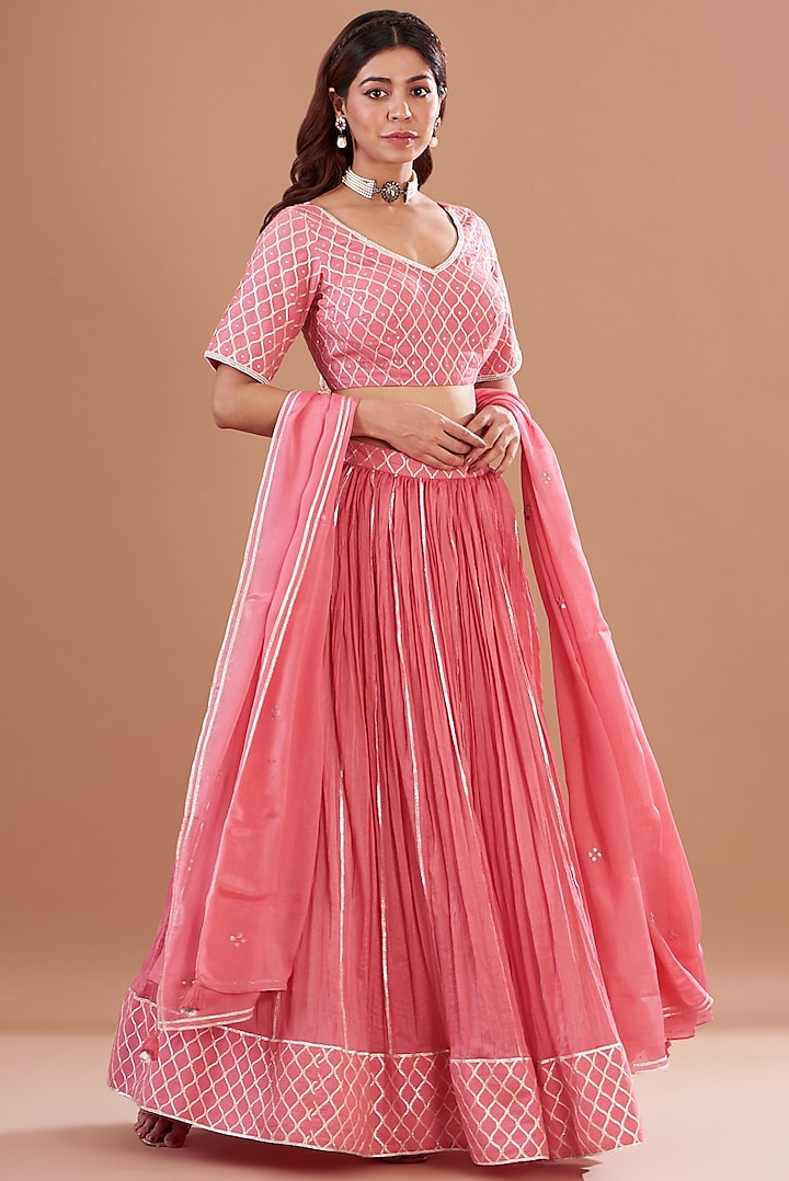 Pink Chanderi Embroidered Lehenga Set by Aharin India