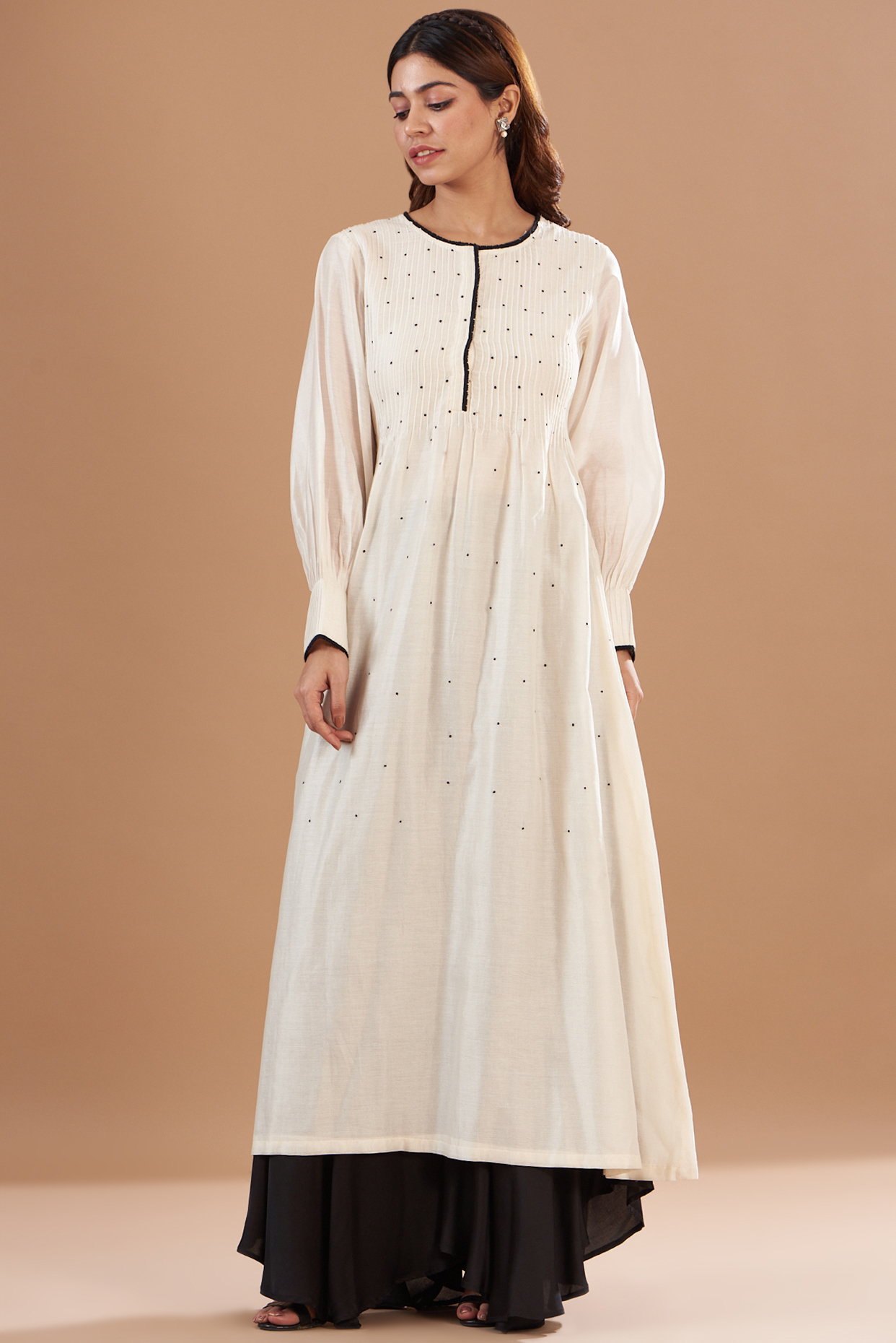 White Cotton Satin Printed Kurta Set by Aharin India