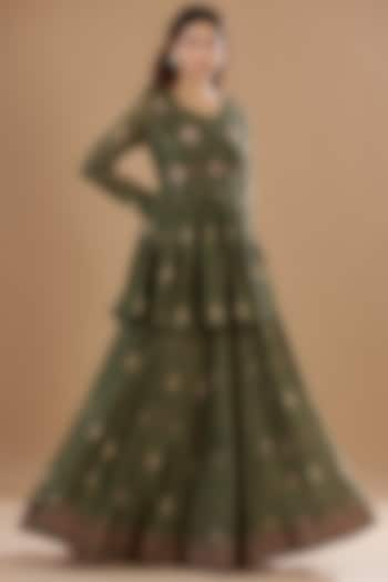 Green Viscose Chanderi Printed & Embroidered Wedding Lehenga Set by Aharin India at Pernia's Pop Up Shop