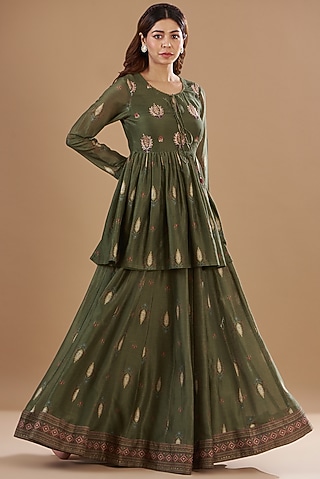 Green Viscose Chanderi Printed & Embroidered Lehenga Set by Aharin India