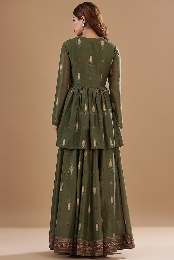 Green Viscose Chanderi Printed & Embroidered Wedding Lehenga Set by Aharin India at Pernia's Pop Up Shop