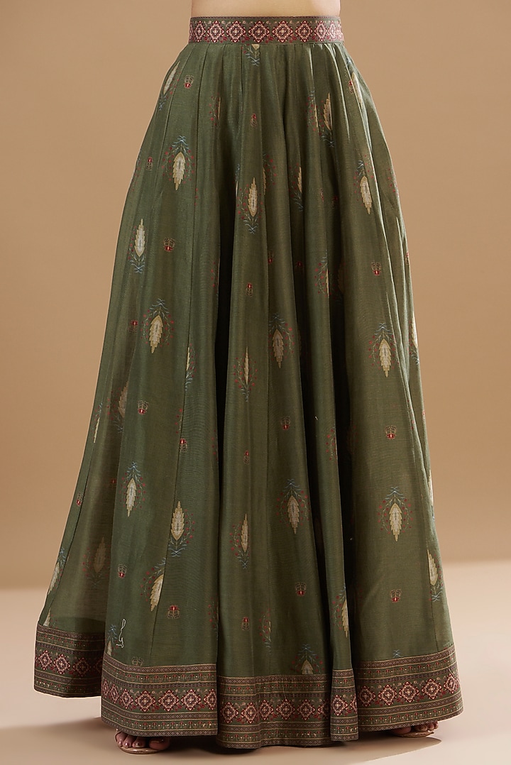 Green Viscose Chanderi Printed & Embroidered Wedding Lehenga Set by Aharin India at Pernia's Pop Up Shop