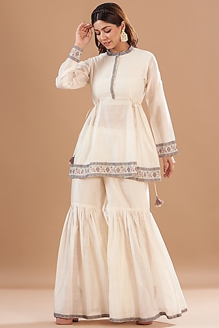 Ivory Viscose Chanderi Sharara Set by Aharin India