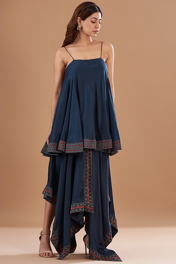 Blue Viscose Chanderi Printed & Embroidered Draped Skirt Set by Aharin India at Pernia's Pop Up Shop