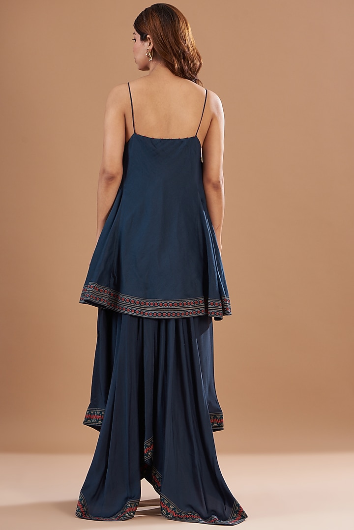Blue Viscose Chanderi Printed & Embroidered Draped Skirt Set by Aharin India at Pernia's Pop Up Shop