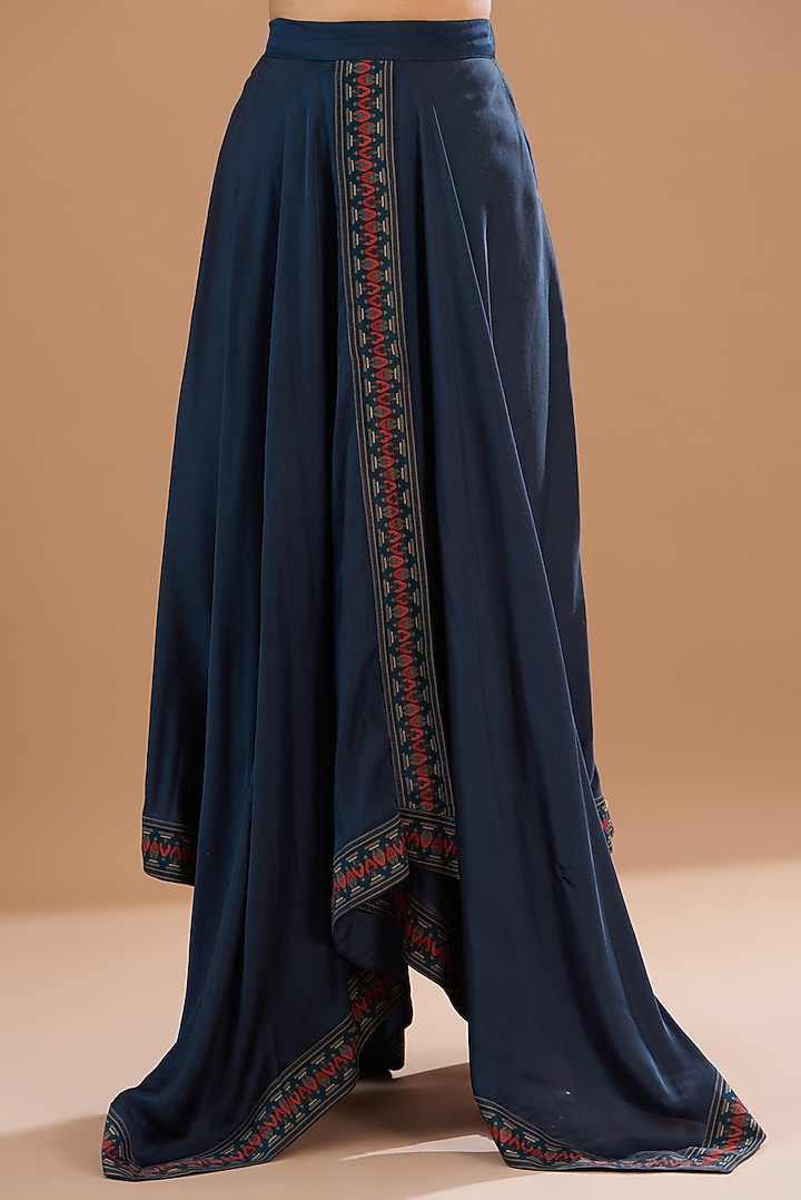Blue Viscose Chanderi Printed & Embroidered Draped Skirt Set by Aharin India at Pernia's Pop Up Shop