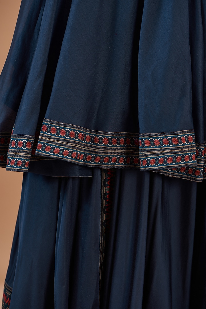 Blue Viscose Chanderi Printed & Embroidered Draped Skirt Set by Aharin India at Pernia's Pop Up Shop