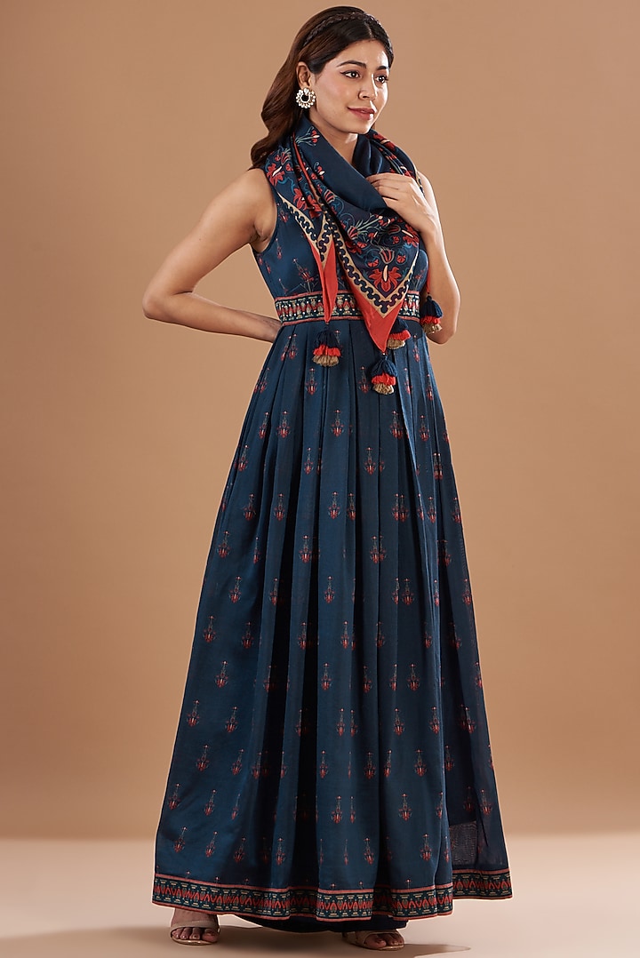 Blue Viscose Chanderi Printed & Embroidered Gathered Cocktail Dress With Scarf by Aharin India at Pernia's Pop Up Shop